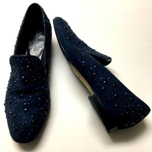 Donald Pliner Slip On Flats Loafers Size 8 Navy Blue Rhinestones Preppy Classic
